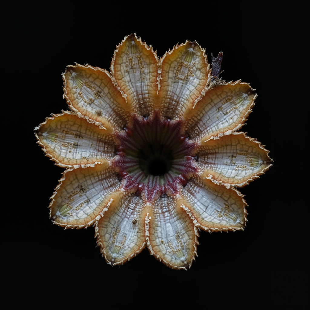 Przekrój poprzeczny łodygi Aeonium undulatum ukazujący tkankę wodną, makro zdjęcie na czarnym tle