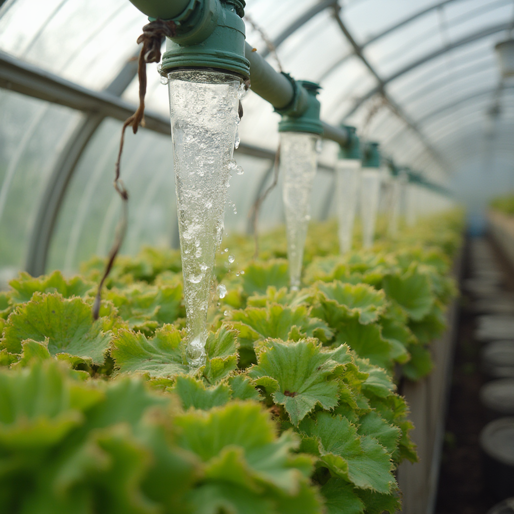 System kropelkowej irygacji dostosowany do potrzeb Aeonium undulatum w szklarni, widok z boku