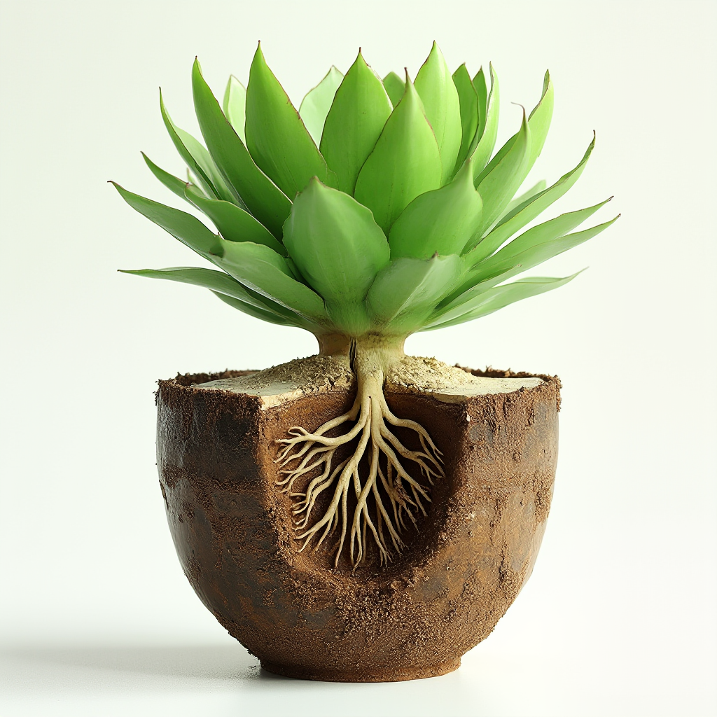 Komputerowa wizualizacja systemu korzeniowego Aeonium undulatum w doniczce samonawadniającej, przekrój 3D
