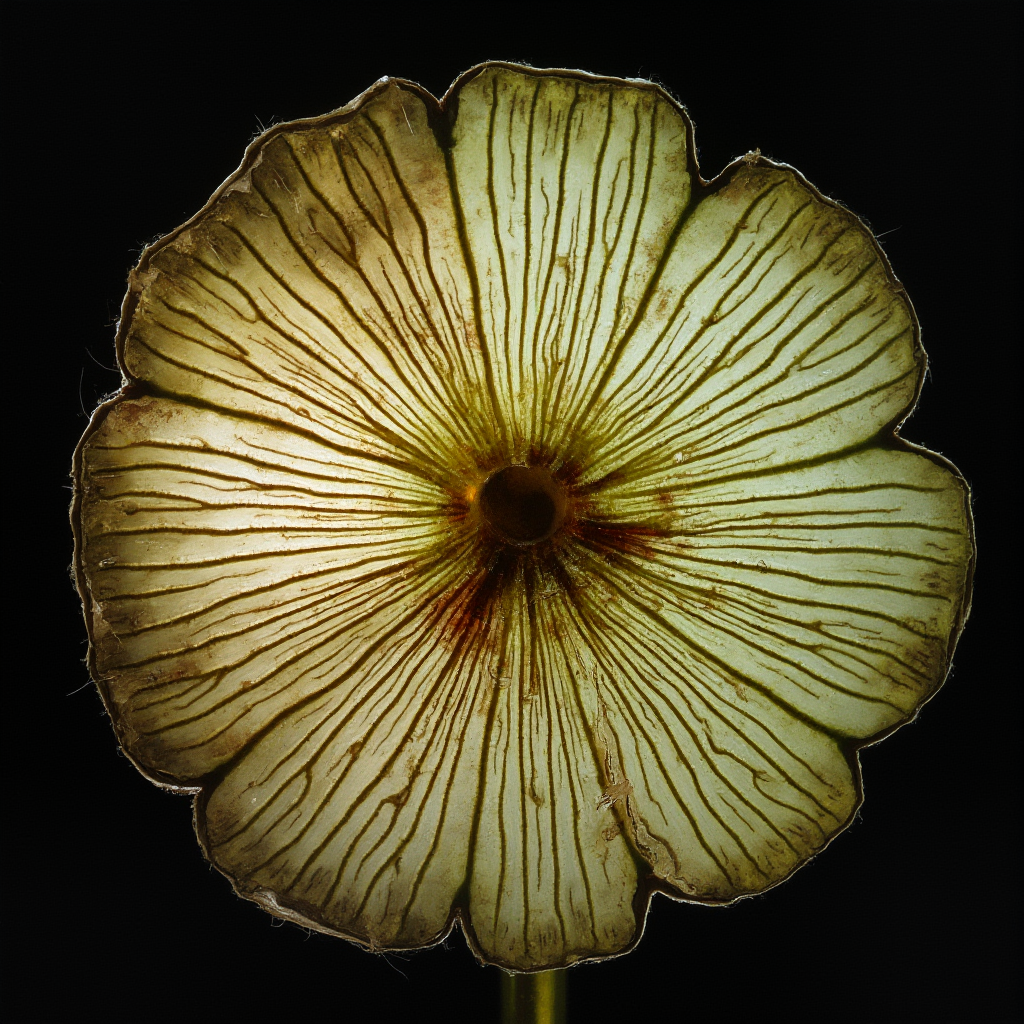 Kontrastowe zdjęcie przekroju chorej łodygi Aeonium z widocznymi ogniskami zgnilizny, oświetlenie boczne