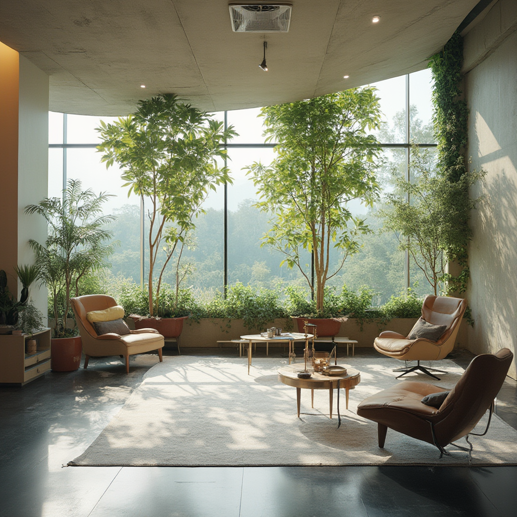 Nowoczesna aranżacja biura z trzema Aeonium undulatum różnej wysokości w pobliżu przeszklenia, meble w stylu mid-century modern