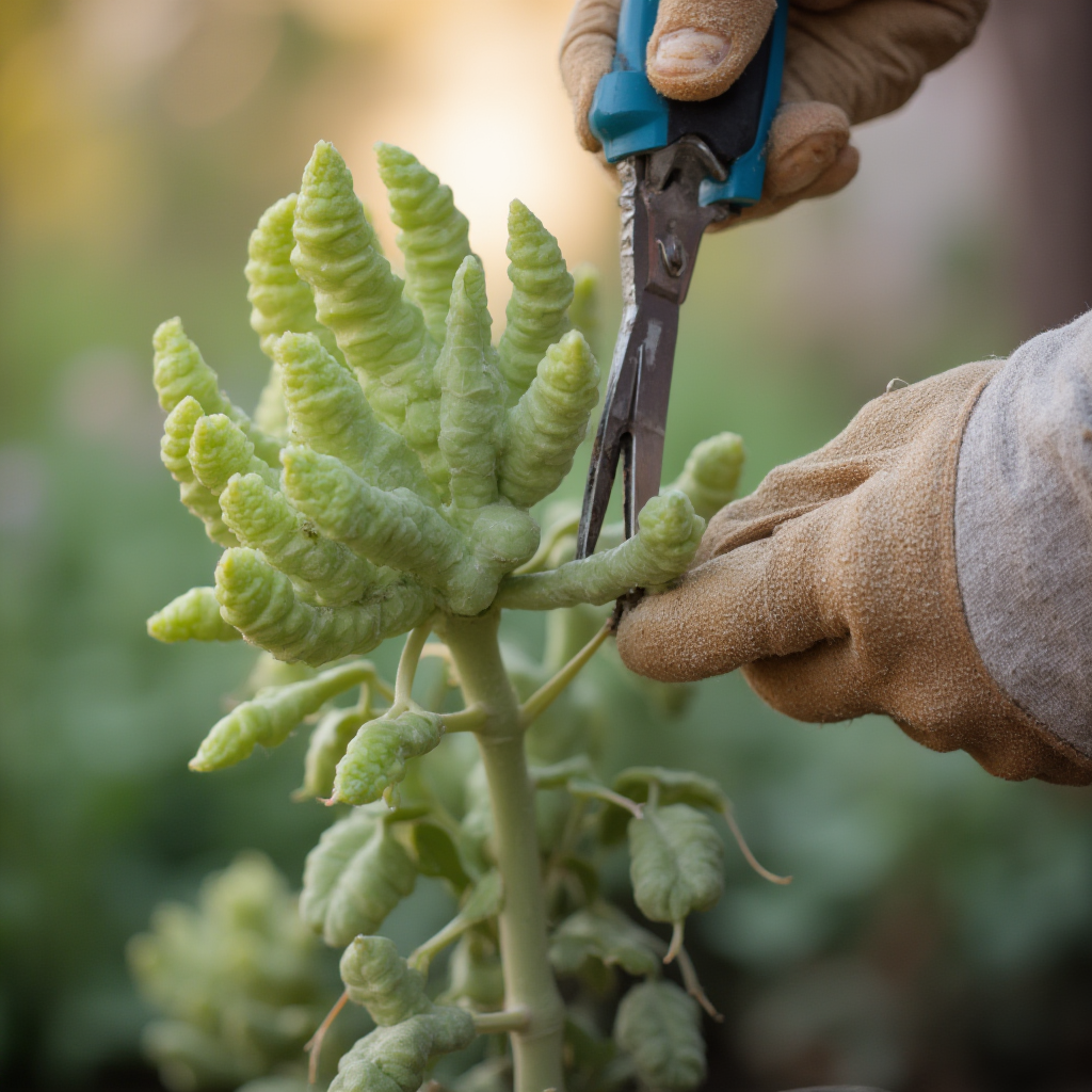 Dłoń w rękawiczce ogrodniczej przycinająca łodygę Aeonium haworthii, widoczne narzędzia do pielęgnacji roślin, tło rozmyte w pastelowych kolorach.