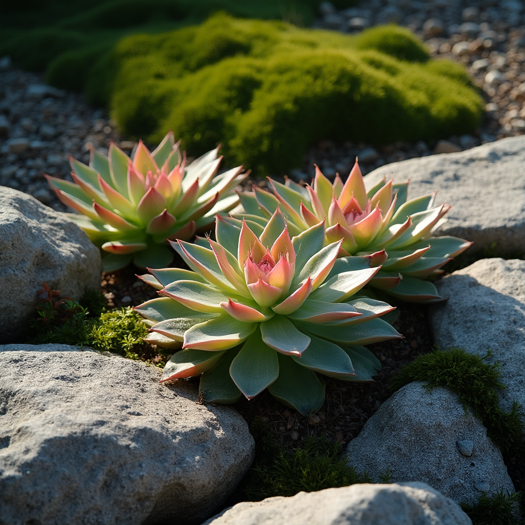 Skalniak z Aeonium decorum – kompozycja z szarych skał wapiennych, pomiędzy którymi rosną trzy okazy rośliny z różowo-zielonymi rozetami, w tle mech i żwir, poranne światło podkreślające fakturę liści, kadr ukośny