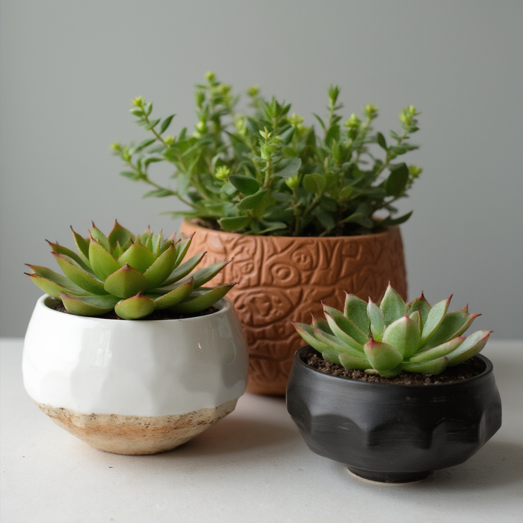 Doniczki dla Aeonium decorum – zestawienie trzech ceramicznych donic w kształcie płaskich misek: białej z glazurą, terakotowej porowatej i czarnej matowej, w każdej posadzona różnobarwna odmiana rośliny, kadr z góry