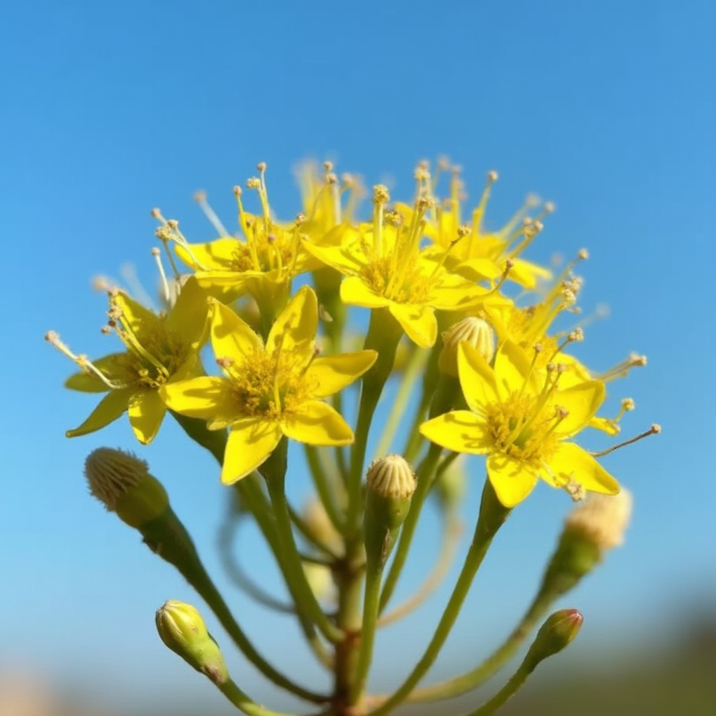 Kwitnące Aeonium sedifolium z żółtymi gwiazdkowatymi kwiatami na tle niebieskiego nieba, pąki w różnych stadiach rozwoju, kadr boczny z ostrością na detal kwiatu