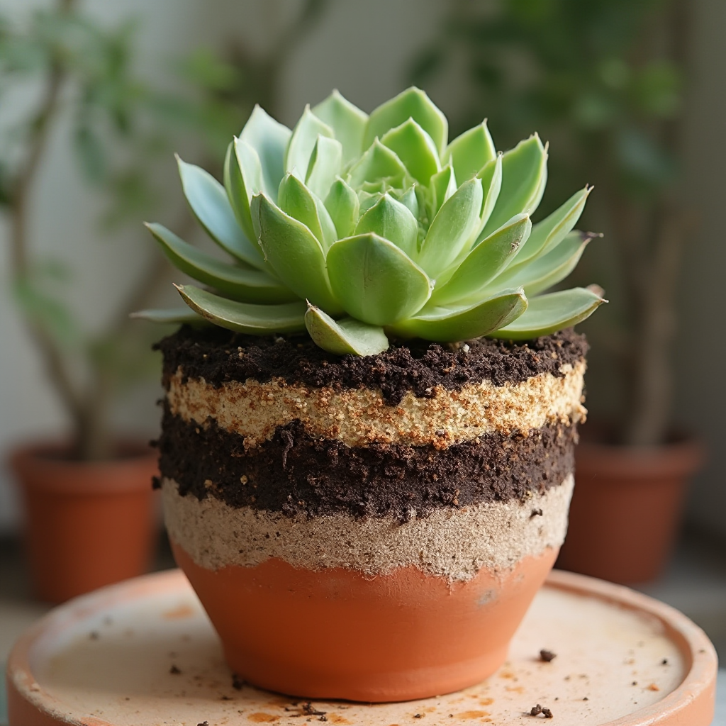 Doniczka terakotowa z Aeonium sedifolium posadzonym w mieszance ziemi z perlitem i drobnym żwirem, widoczne warstwy drenażowe, kadr z boku