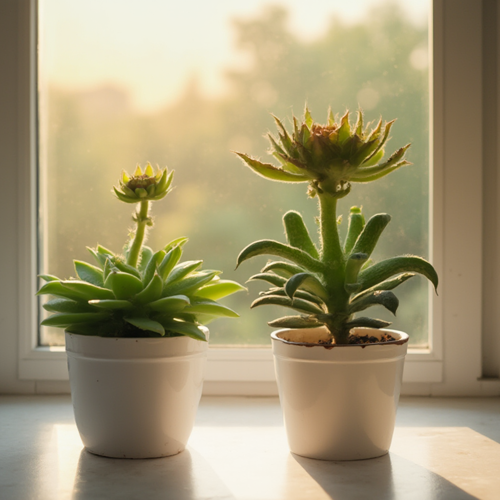 Porównawcze zdjęcie młodej i dojrzałej rośliny Aeonium Simsa (Aeonium simsii) w białych ceramicznych doniczkach. Młody okaz z pojedynczą rozetą, starszy z licznymi odrostami. Kadr: kompozycja diagonalna, miękkie światło zachodzącego słońca.