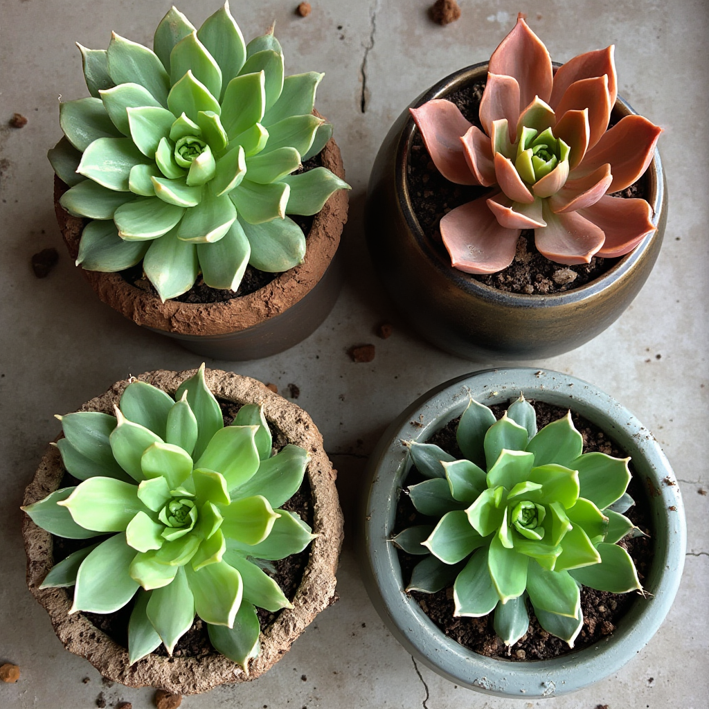 Kolekcja różnych doniczek odpowiednich dla Aeonium Simsa (Aeonium simsii): terakota, betonowa, ceramiczna z glazurą, plastikowa z systemem samopodlewania. Kadr: widok z góry, rośliny w podobnej fazie wzrostu.