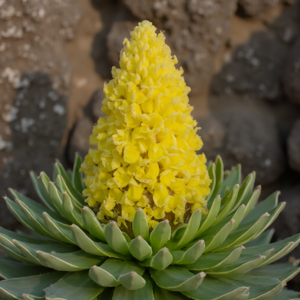 Kwitnące Aeonium tarczowate (Aeonium tabuliforme) – żółty kwiatostan w kształcie stożka o wysokości 25 cm, otoczony płaską rozetą liści, detale pojedynczych kwiatów o średnicy 5 mm, tło rozmytej skalnej ściany, poranne światło, kadr pionowy