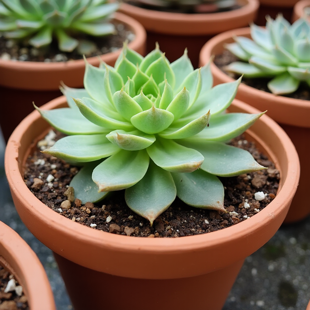 Doniczka z Aeonium tarczowate (Aeonium tabuliforme) – płaska ceramiczna donica w kolorze terakoty, podłoże z wyraźnie widocznym żwirem wulkanicznym i perlitem, roślina o średnicy 25 cm, w tle inne sukulenty w podobnych doniczkach, ujęcie pod kątem 45 stopni