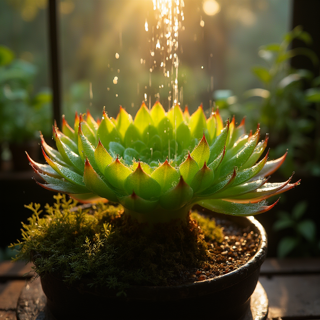 Podlewanie Aeonium tarczowate (Aeonium tabuliforme) – krople wody spadające na liście rozety, widoczne napięcie powierzchniowe na meszku liści, mokre podłoże z perlitem, doniczka stojąca na drewnianej podstawce, miękkie światło zachodzącego słońca