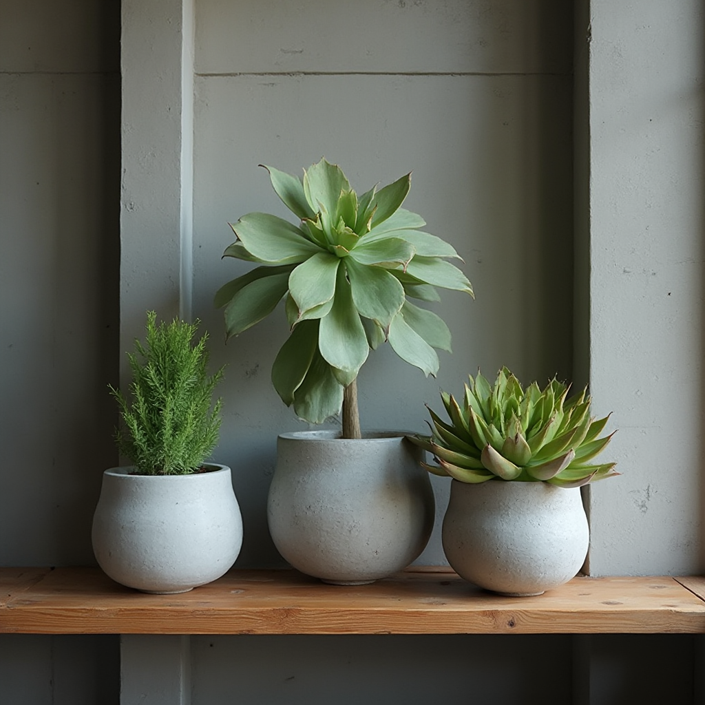 Kompozycja z Aeonium tarczowate (Aeonium tabuliforme) – trzy rośliny w płaskich betonowych donicach ułożone schodkowo na drewnianej półce, w tle szare ściany z fakturą betonu architektonicznego, stonowana kolorystyka, kadr szeroki