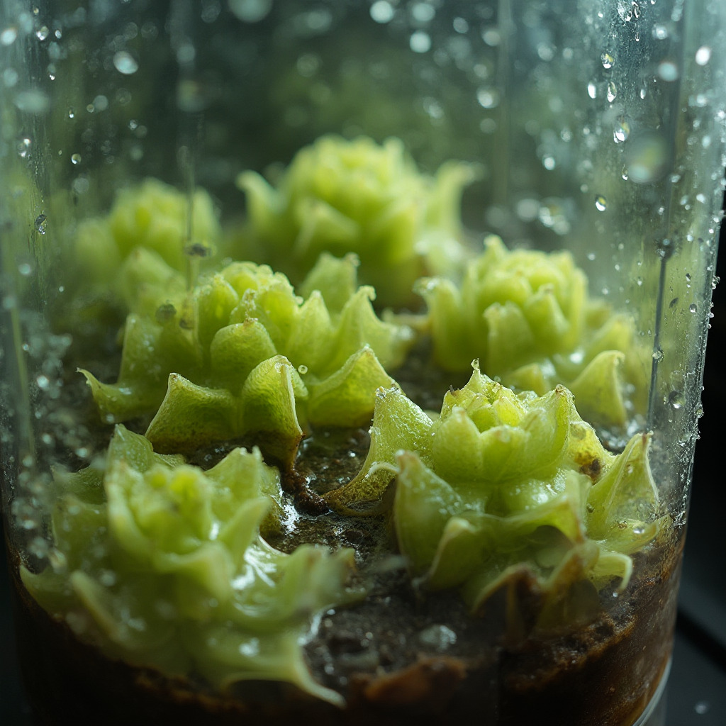 Rozmnażanie Aeonium tarczowate (Aeonium tabuliforme) – kilka sadzonek liściowych z widocznymi korzeniami powietrznymi, leżące na wilgotnym podłożu w przezroczystym pojemniku, krople wody na ściankach, makro kadr