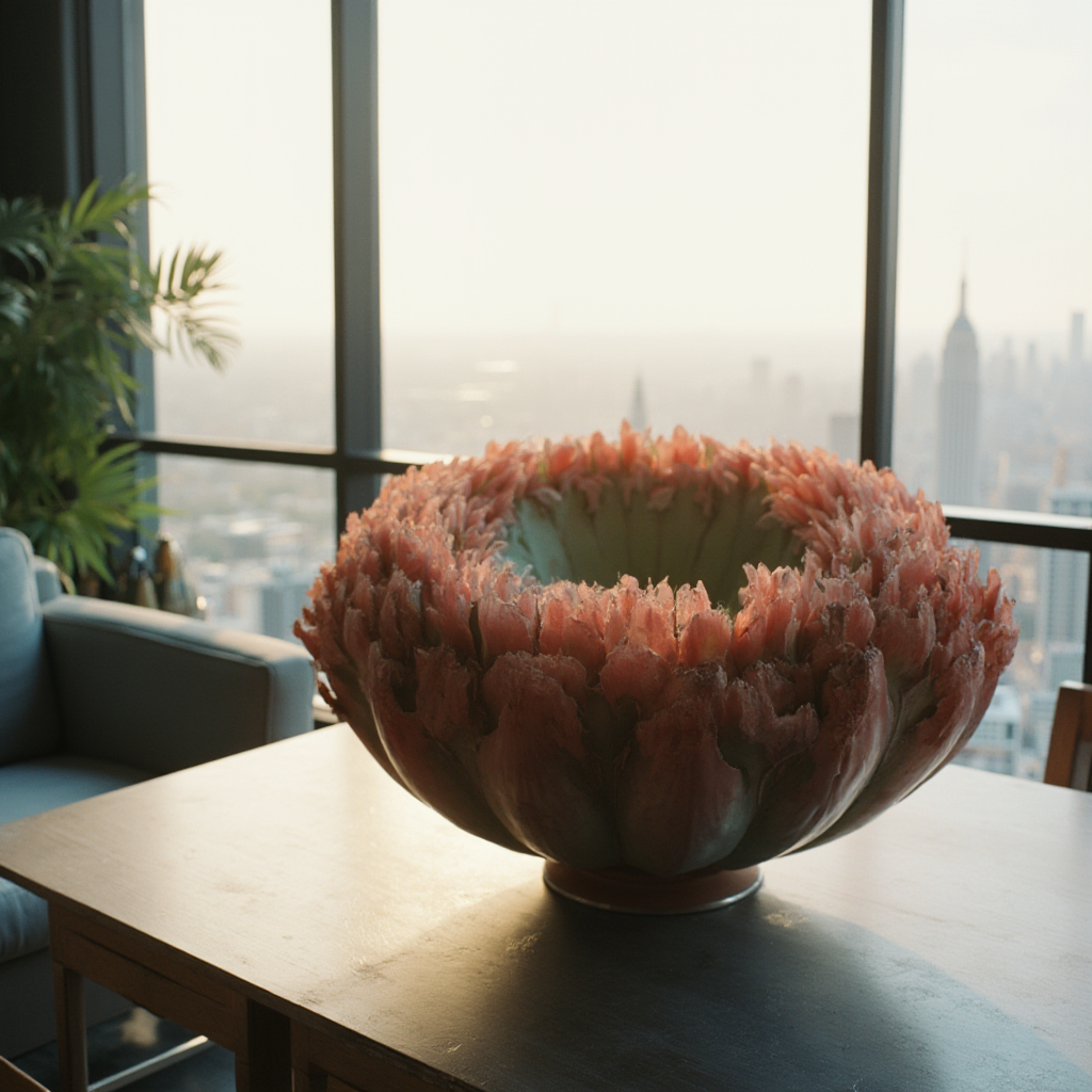 Aeonium tarczowate (Aeonium tabuliforme) w nowoczesnym wnętrzu – duża rozeta na minimalistycznym stole, w tle panorama miasta przez duże okno, stonowane kolory mebli, poranne światło padające pod kątem, kadr szeroki z głębią ostrości