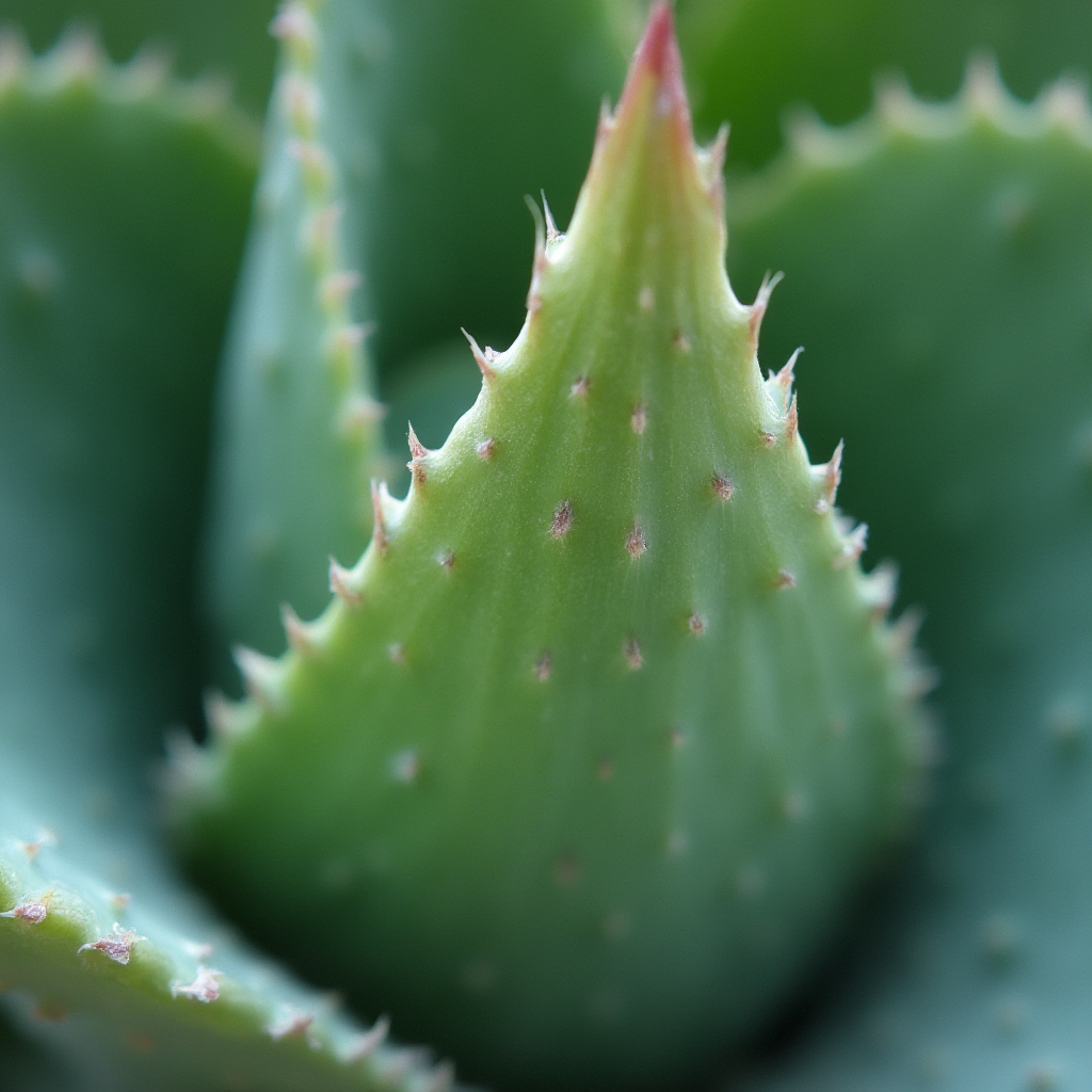 Makro zdjęcie liścia Agave victoriae-reginae pokazujące strukturę epidermy z widocznymi szparkami oddechowymi i krystaliczną powłoką woskową, ostrość ustawiona na krawędź liścia z kolcem