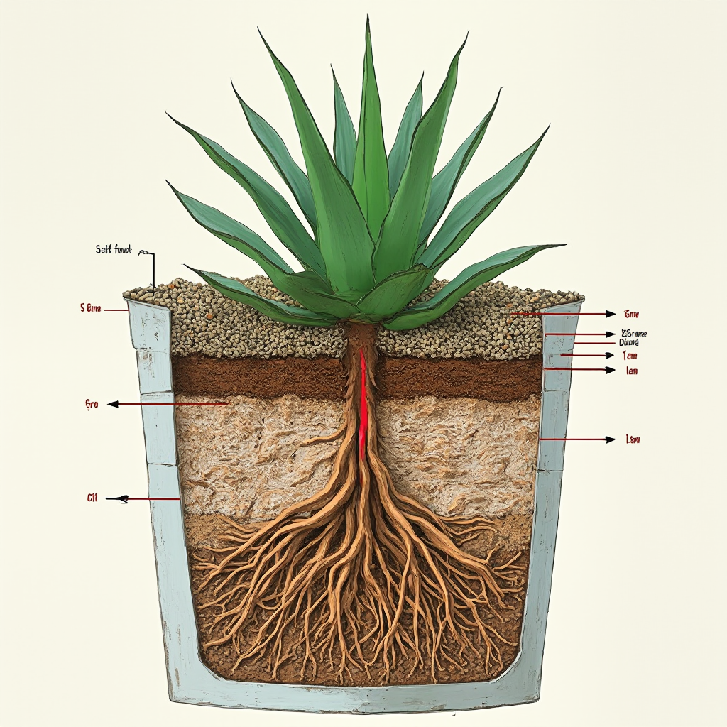 Schematyczny przekrój doniczki z Agave victoriae-reginae: 5 cm warstwa drenażu z keramzytu, mieszanka ziemi z żwirem, korzenie rozłożone płytko pod powierzchnią, czerwone strzałki wskazujące kierunek przepływu wody