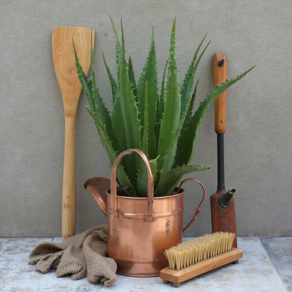 Zestaw do pielęgnacji Agave victoriae-reginae: drewniana łopatka, miedziana konewka, szczotka z naturalnego włosia, rękawice ogrodnicze, tło z szarego płótna