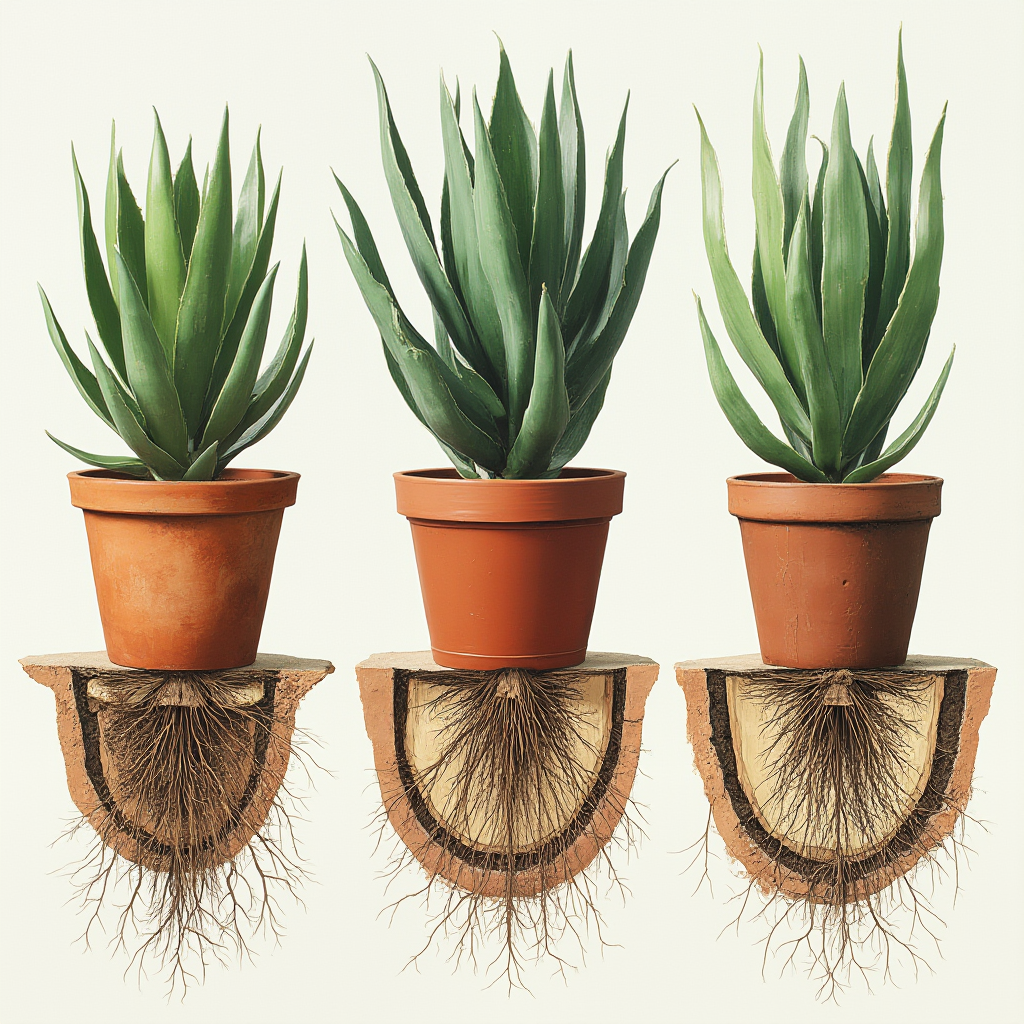 Porównanie systemów korzeniowych Agave victoriae-reginae w różnych typach doniczek: terakota vs plastik vs kamionka, przekroje ukazujące rozłożenie korzeni