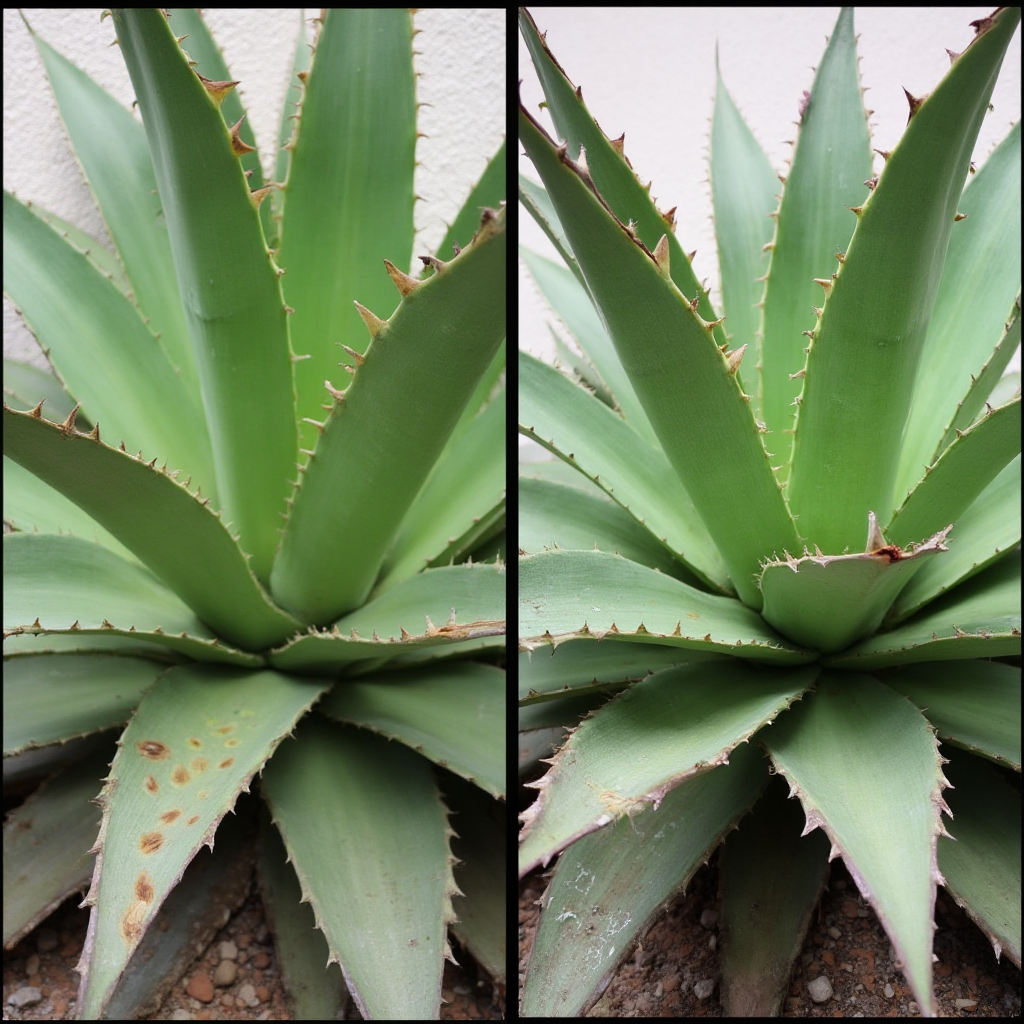 Zdjęcie porównawcze zdrowej i chorej Agave victoriae-reginae: po lewej okaz z oznakami przelania, po prawej zdrowa roślina, podpisane różnice