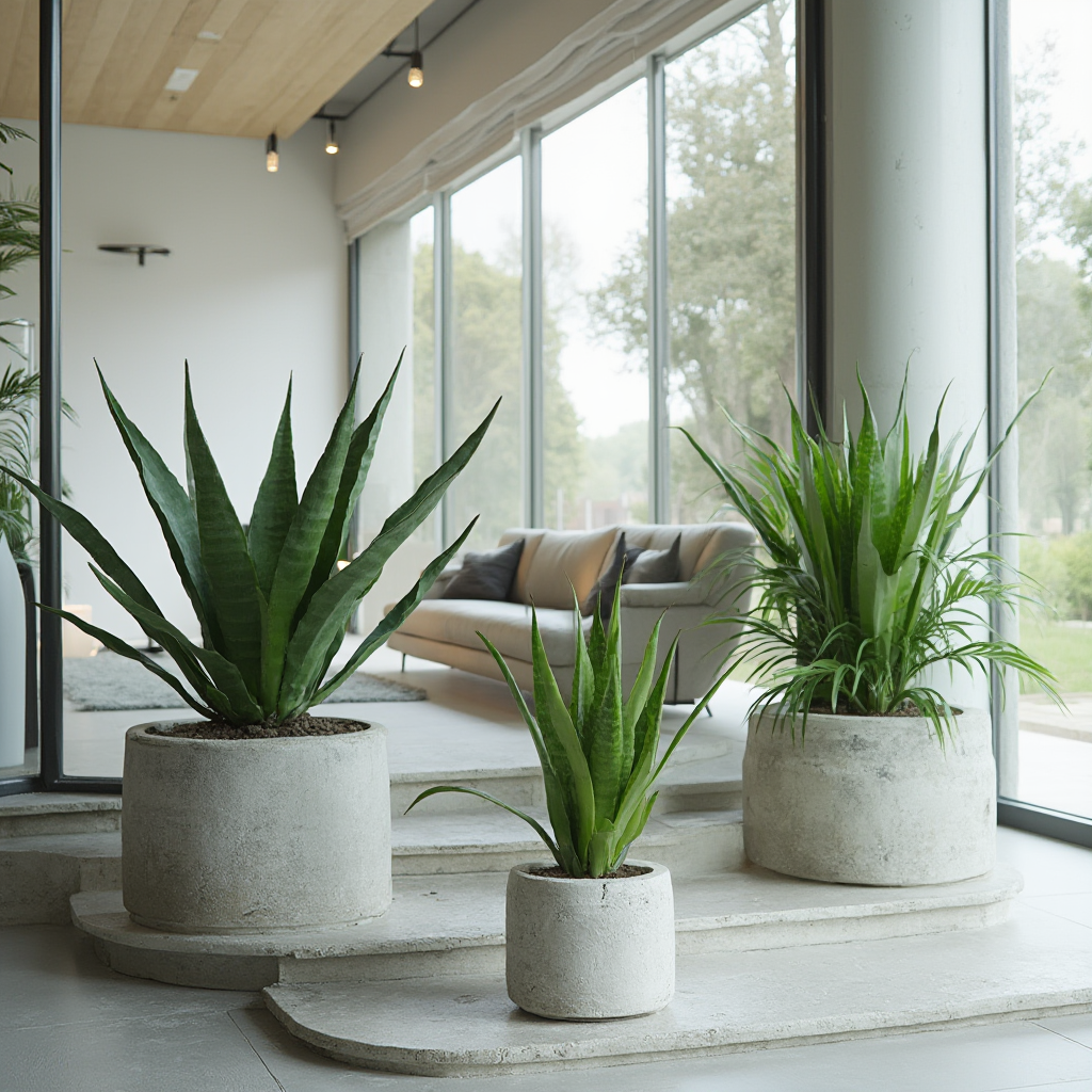 Współczesna aranżacja wnętrza z trzema Agave victoriae-reginae w różnej wielkości, rośliny ustawione na betonowych stopniach przy dużym oknie, minimalistyczne meble w tle