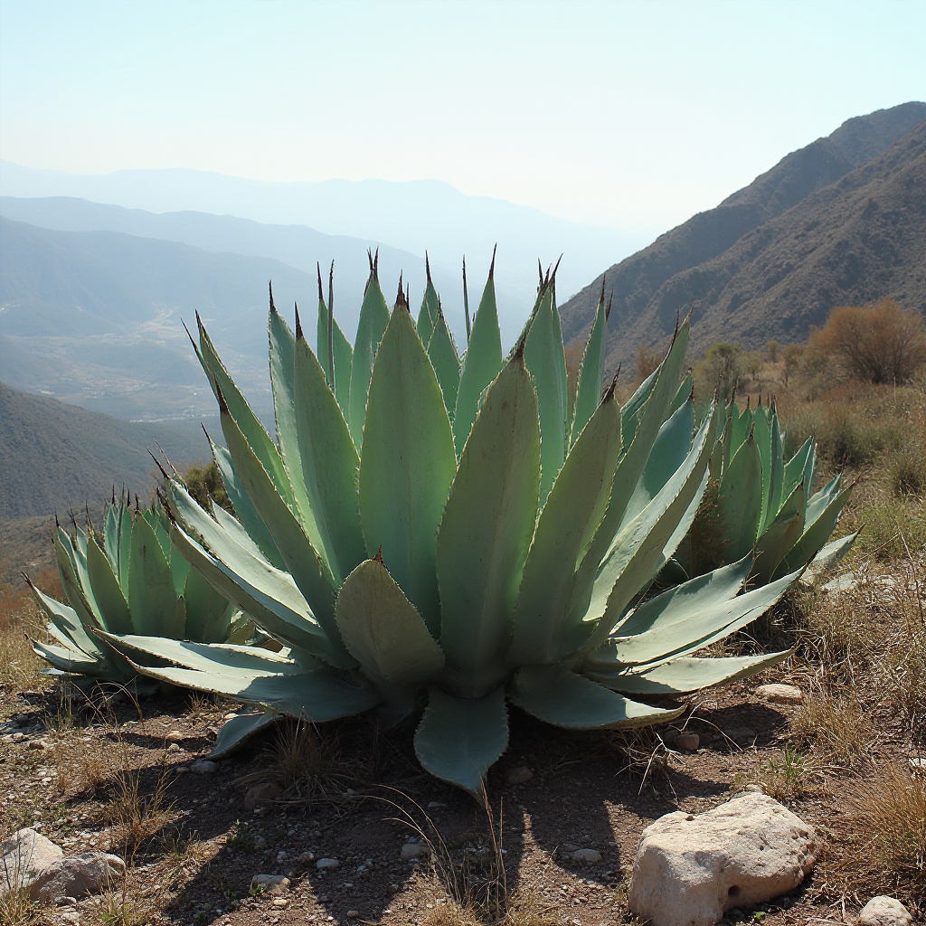 Agawa królowej Wiktorii (Agave victoriae-reginae) w naturalnym środowisku na skalistym zboczu w Meksyku, kilka okazów w pełnym słońcu, góry w tle, kadr szeroki