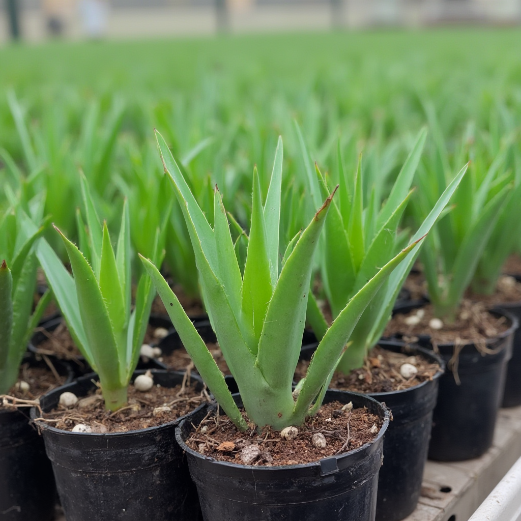 Młode sadzonki Agave ovatifolia w szkółce roślin, równo ustawione w plastikowych doniczkach produkcyjnych, widoczne zdrowe korzenie przez przezroczyste ścianki pojemnika