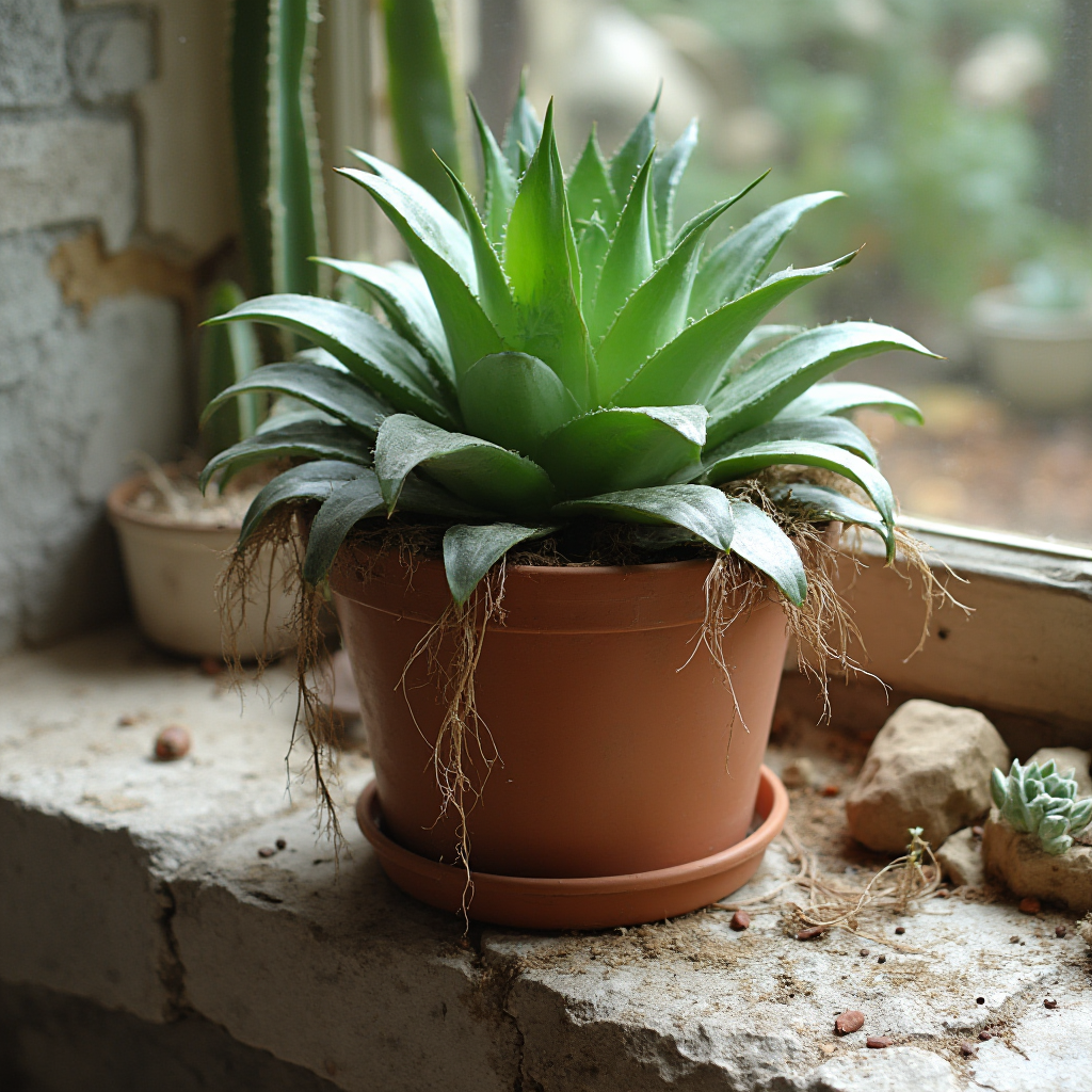 Doniczka z Agave ovatifolia ustawiona na kamiennym parapecie, widoczne zdrowe korzenie wychodzące przez otwory drenażowe, w tle ogród skalny z innymi sukulentami