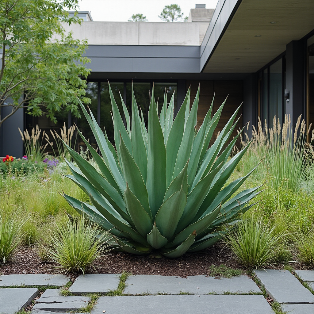 Kompozycja ogrodowa z Agave ovatifolia jako centralnym elementem, otoczona niskimi trawami ozdobnymi i kamieniami łupanymi, nowoczesna architektura w tle
