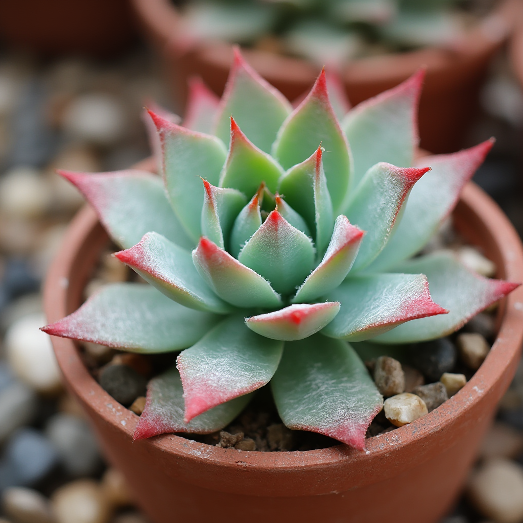 Młoda Agawa zaostrzona w glinianej donicy z kolorowymi kamieniami na powierzchni podłoża. Kadr z boku, ostrość na różowawych brzegach liści.