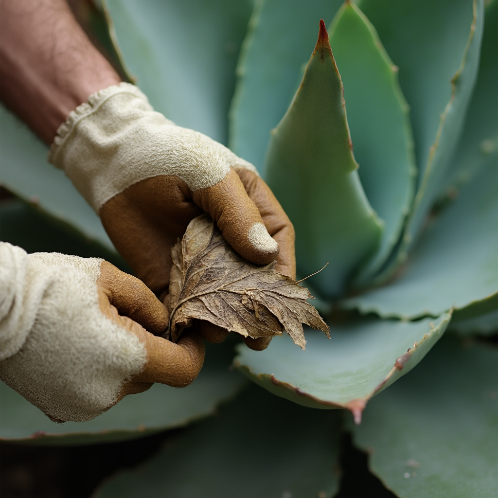Rękawice ogrodnicze usuwające suche liście z dolnych partii Agave attenuata. Kadr makro pokazujący aksamitną fakturę liści.