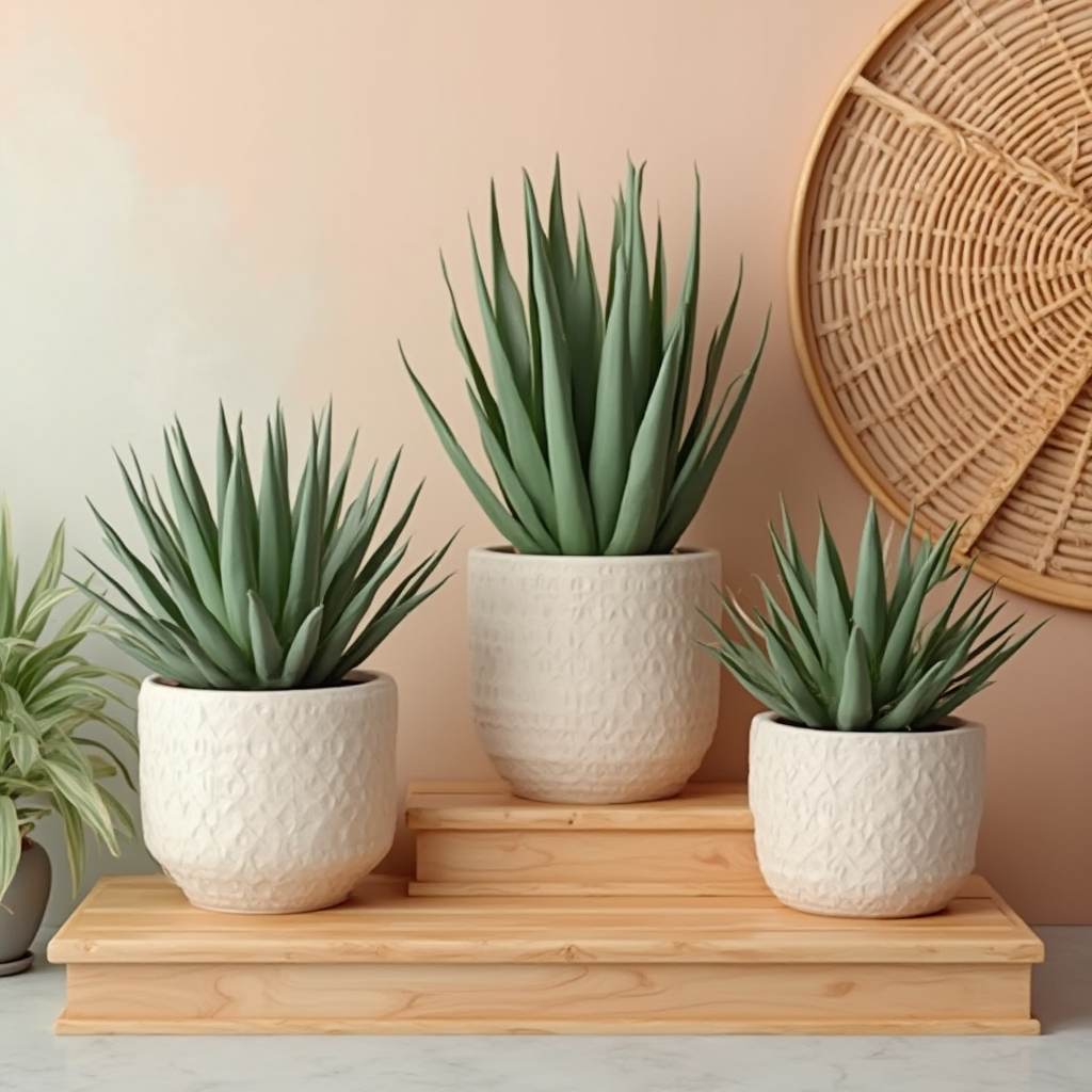Kompozycja z trzema Agave attenuata w różnej wielkości donicach ustawionych na drewnianych stopniach. Tło w pastelowych odcieniach z elementami rattanu.
