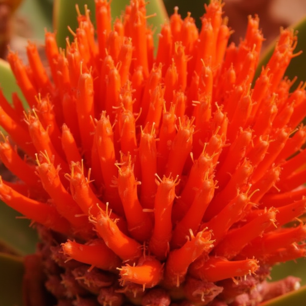 Zbliżenie kwiatostanów Aloe arborescens o intensywnym pomarańczowo-czerwonym kolorze, zebrane w stożkowe grona. Kadr: poziomy, pokazujący strukturę pojedynczych rurkowatych kwiatów.