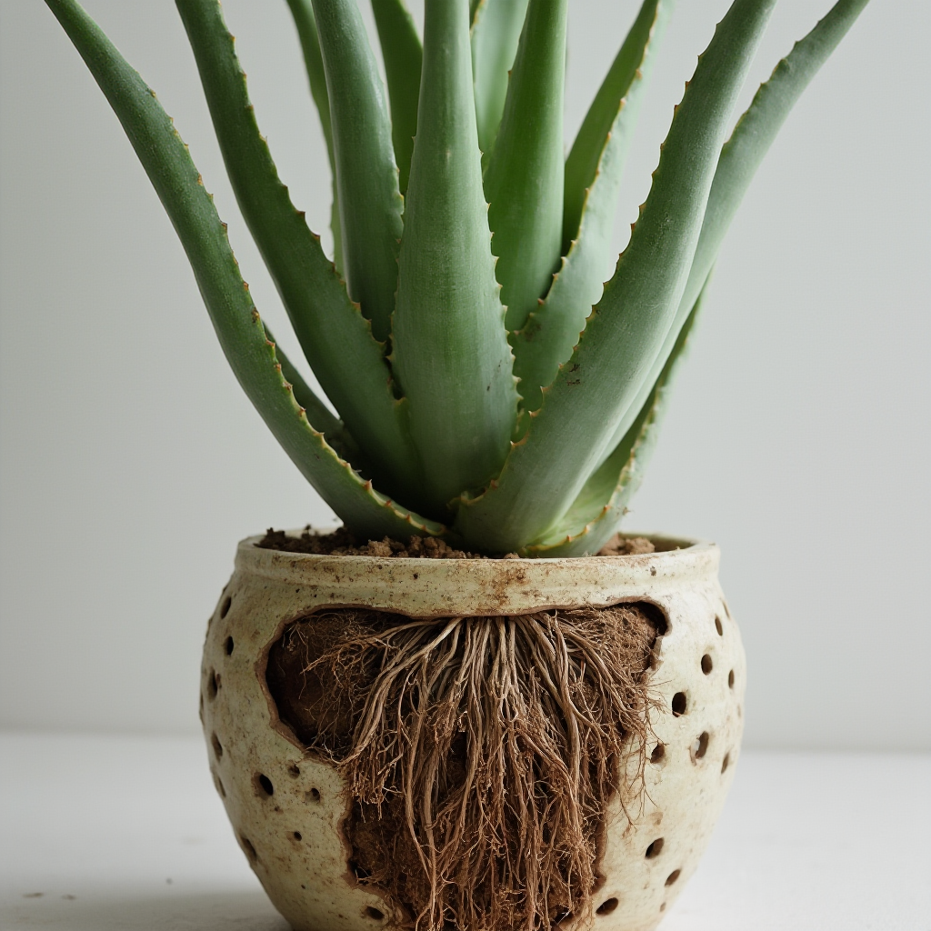 Aloes drzewiasty w ozdobnej ceramicznej donicy, widoczne zdrowe korzenie wyrastające z otworów drenażowych. Kadr: ujęcie od dołu z widoczną podstawą łodygi i strukturą podłoża.