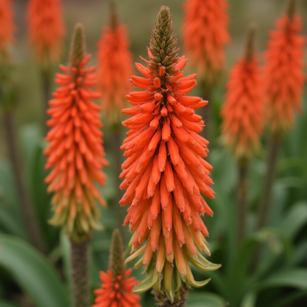Kwiatostan Aloe striata – pomarańczowo-czerwone, stożkowe grona kwiatów na szczycie wysokiego pędu. Kadr: widok z boku, tło rozmyte z kolorem pasującym do kwiatów.