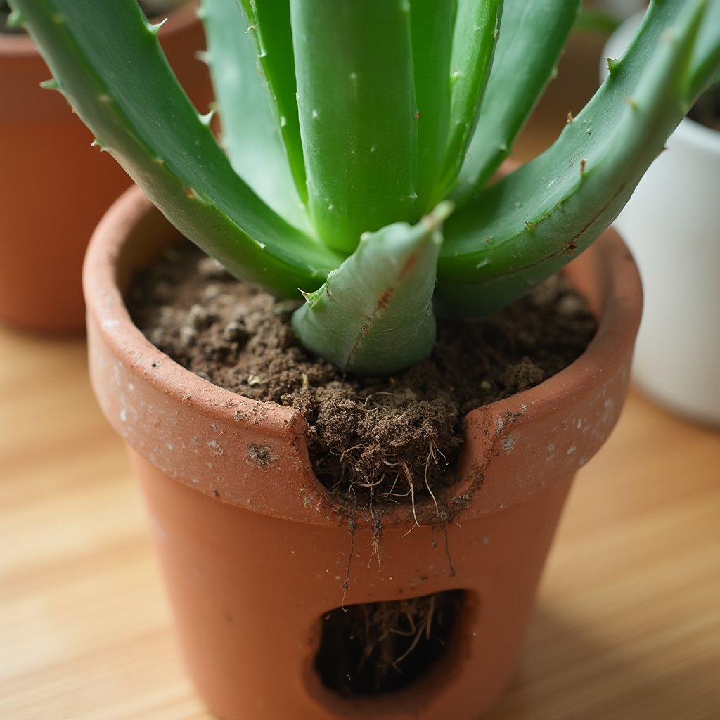 Aloes koralowy w ceramicznej doniczce terakotowej z widocznym drenażem z keramzytu. Kadr: roślina na drewnianym stol,, ostrość na korzenie widoczne przez otwór drenażowy.