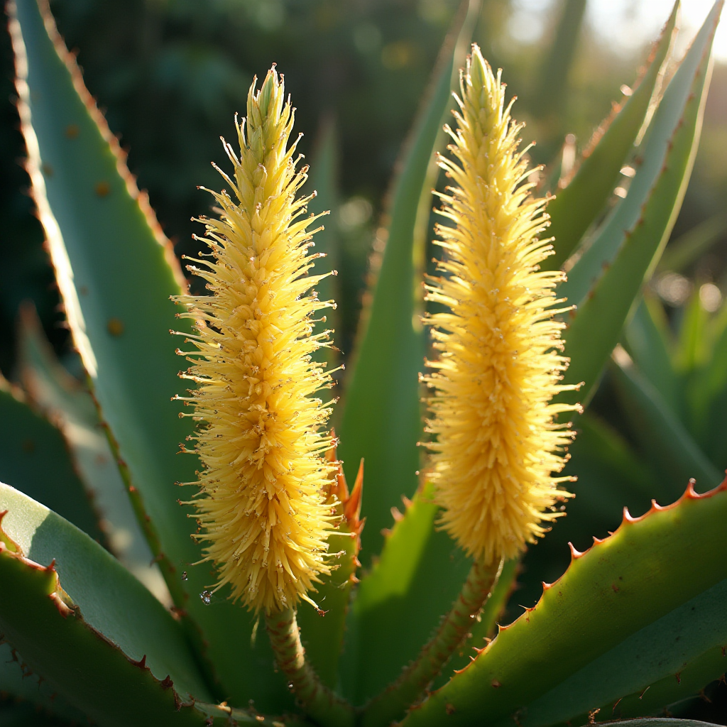 Porównanie kwiatostanów Aloe marlothii (poziome) i Aloe vera (pionowe). Kadr: dwa kontrastujące kwiatostany obok siebie, podświetlone porannym słońcem.