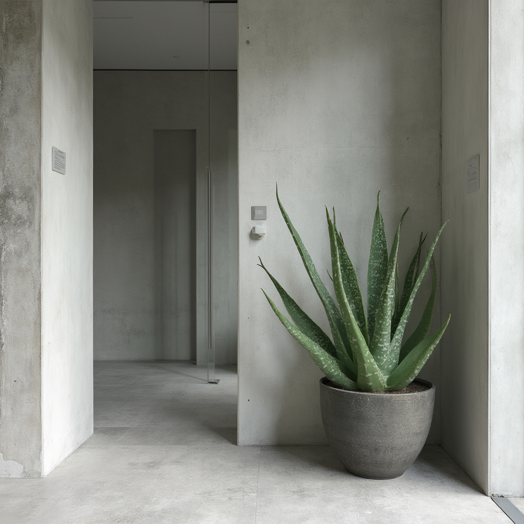 Aloe marlothii w nowoczesnym wnętrzu, zestawiony z szarymi, betonowymi elementami architektonicznymi. Kadr: minimalizm kompozycji z rośliną jako centralnym punktem.