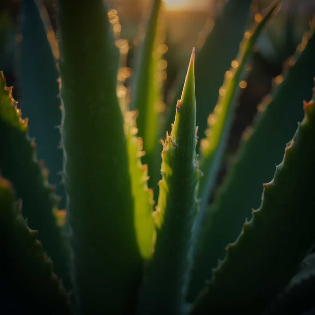 Wieczorne ujęcie Aloe aristata podświetlonego miękkim światłem z boku, głębia ostrości na detale liści
