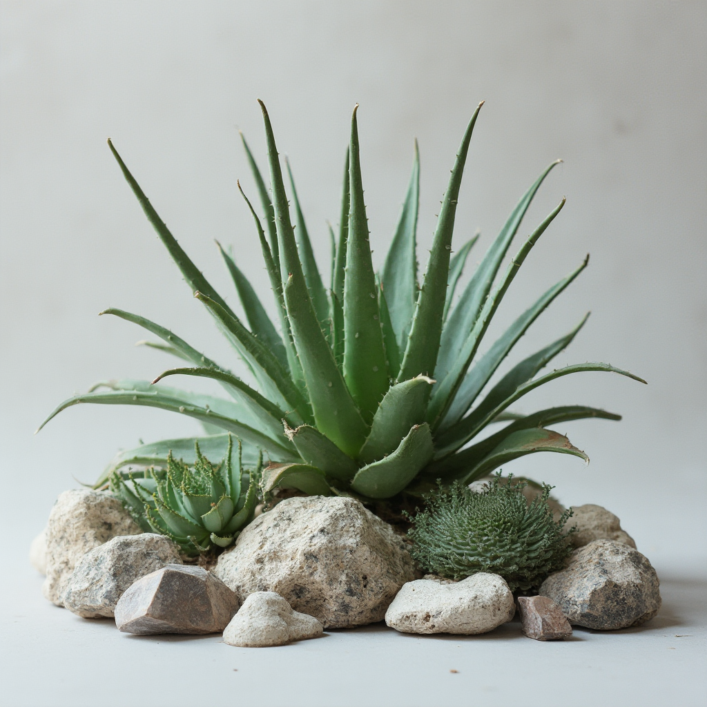 Artystyczna aranżacja Aloe aristata w towarzystwie sukulnych kamieni i modeli geometrycznych form, szare tło