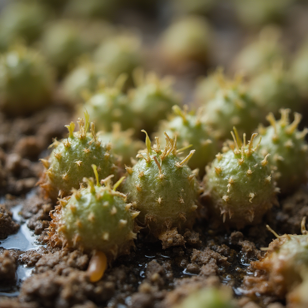 Bliskie ujęcie kiełkujących nasion Aloe aristata na wilgotnym podłożu z widocznymi młodymi korzonkami