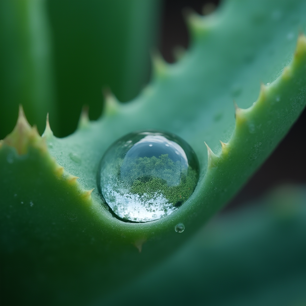Makro zdjęcie kropli wody na liściu Aloe aristata z odbiciem mikroskopijnego krajobrazu w kropli, format horizontalny