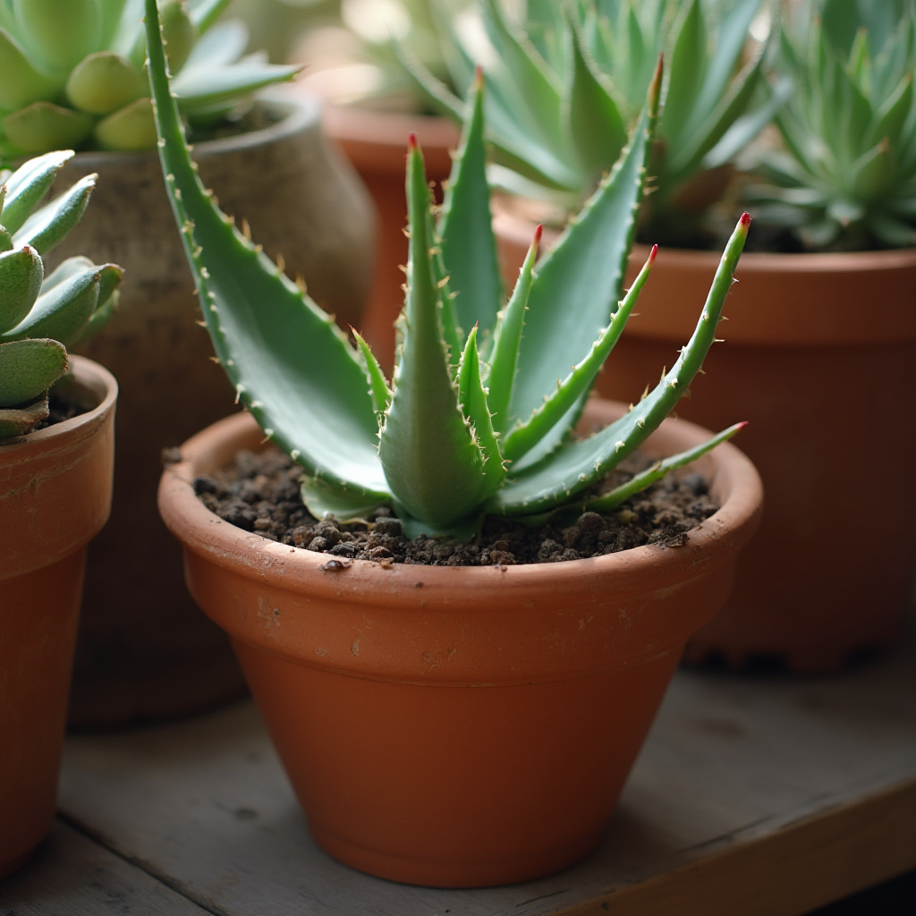 szeroki kadr Aloe variegata w terakotowej doniczce ustawionej na drewnianej półce, w tle kilka innych sukulentów, miękkie światło poranne