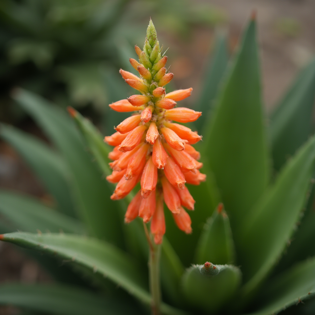 pęd kwiatowy Aloe variegata z pomarańczowymi kwiatami w kształcie dzwonków, ostrość na poyncynczy kwiat, tło rozmyte
