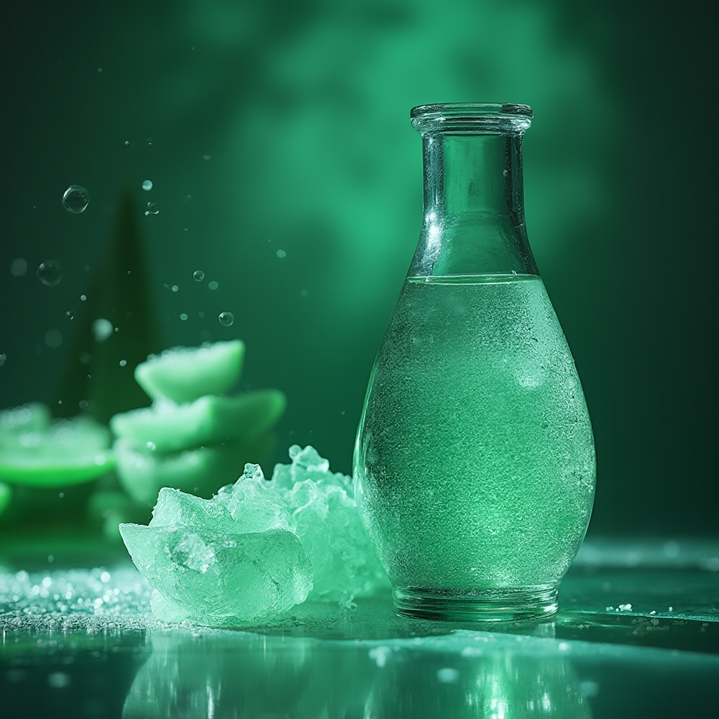 Laboratoryjne szklane naczynie z ekstraktem z Aloe ferox (aloes uzbrojony), obok mikroskop elektronowy pokazujący strukturę żelu. Stylizacja na profesjonalne zdjęcie produktowe z miękkim światłem.