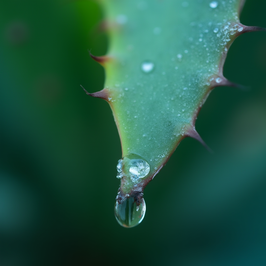 Kropla wody spadająca na liść Aloe ferox (aloes uzbrojony) w zwolnionym tempie, widoczny moment odbicia kropli od mięsistej powierzchni liścia. Tło rozmyte, kolorystyka w odcieniach zieleni i błękitu.