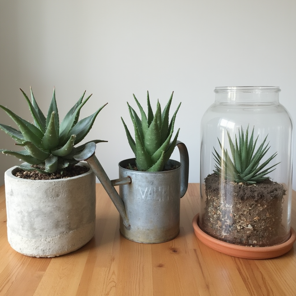 Trzy różne stylizacje doniczkowe z Aloe ferox (aloes uzbrojony): minimalistyczna betonowa, rustykalna w metalowej konewce i nowoczesna w szklanym terrarium. Układ równoległy na drewnianym stole.