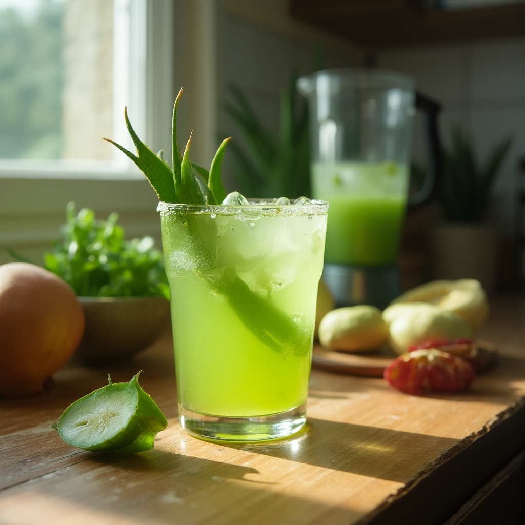 Koktajl w szklance z liściem Aloe ferox (aloes uzbrojony) jako dekoracja, w tle blender z zielonym napojem. Naturalne oświetlenie kuchenne, składniki organiczne rozsypane na stole.