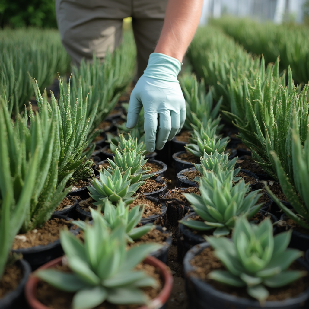 Szkółka roślinna z rzędami młodych Aloe ferox (aloes uzbrojony) w równych doniczkach. Pracownik w rękawiczkach sprawdza stan roślin. Kadr z góry, kolory zdominowane przez zieleń i ziemiste odcienie.