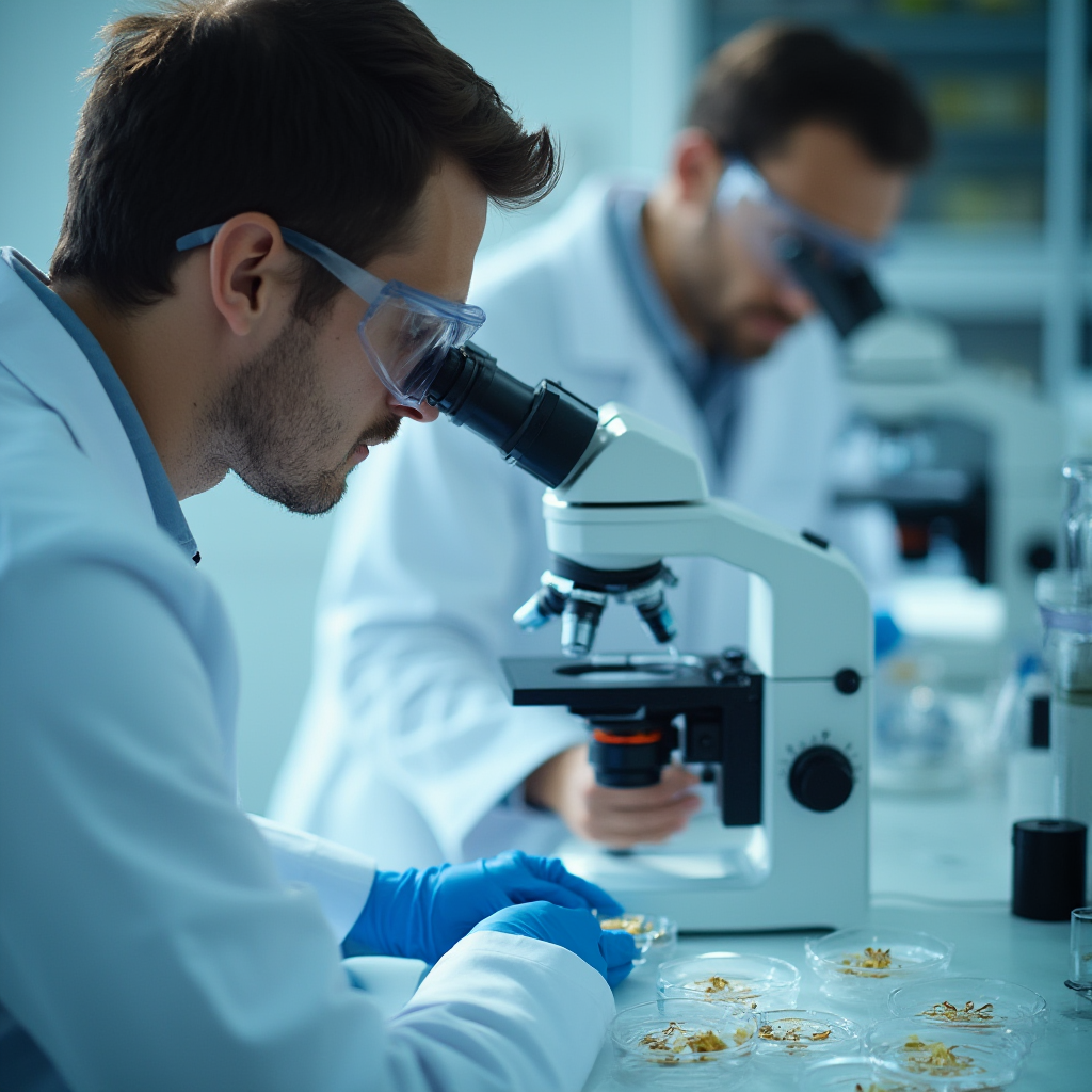 Naukowcy w laboratorium badający próbki Aloe ferox (aloes uzbrojony) pod mikroskopem. Sprzęt laboratoryjny w tle, skupienie na szklanych płytkach z preparatami.