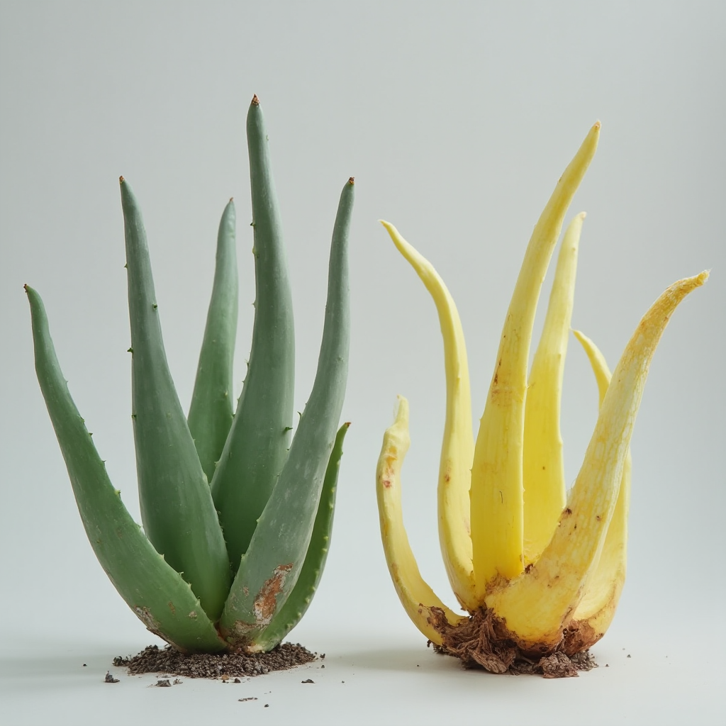 Porównanie zdjęć zdrowego i chorego aloesu zwyczajnego (Aloe vera). Po lewej: jędrne liście w szaro-zielonym kolorze. Po prawej: żółknące, miękkie liście z gnijącą podstawą. Tło jednolite szare.